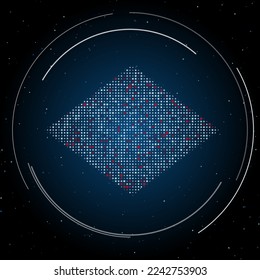 The rhombus symbol filled with white dots. Pointillism style. Some dots is red. Vector illustration on blue background with stars
