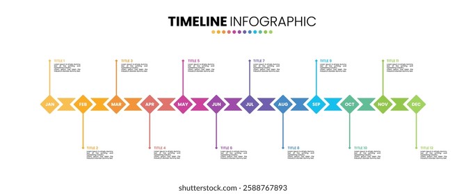 Rhombus timeline infographic presentation template 12 options. 12 month or 1 year calendar infographic template