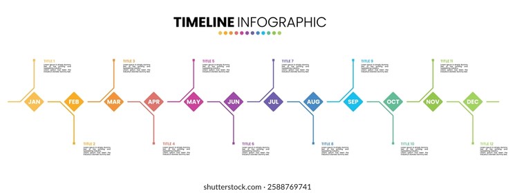Rhombus timeline infographic presentation template 12 options. 12 month or 1 year calendar infographic template