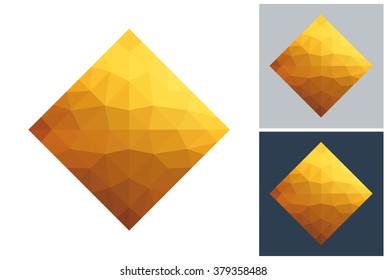 Rhombus vector painting in gold low poly style on white, gray and dark background.