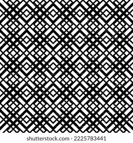 Rhombuses black lines crossing on white, textured. Seamless vector background