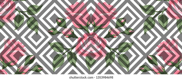 rhombuses black and white pink roses  pattern