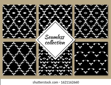 Rhombuses, chevrons, figures seamless patterns collection. Diamond, shapes backgrounds set. Folk motif. Lozenges, forms backdrops kit. Ethnic ornaments. Digital paper, textile print. Vectors bundle.