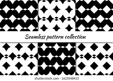 Rhombuses, diamond, lozenges, stars, squares, tiles, checks, arrowheads seamless patterns collection. Folk prints. Ethnic ornaments set. Tribal wallpapers kit. Geometrical abstract. Vectors bundle.