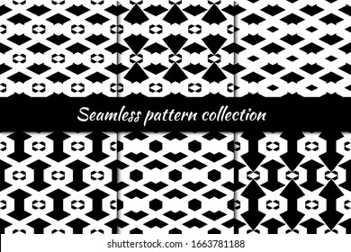 Rhombuses, diamonds, lozenges, hexagons, chevrons, arrows seamless patterns collection. Folk prints. Ethnic ornaments set. Tribal wallpapers kit. Retro motif. Abstract images. Vector artworks bundle.