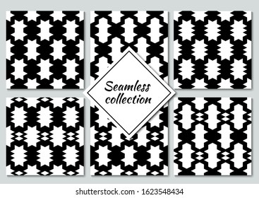 Rhombuses, diamonds, lozenges, tiles, figures seamless patterns collection. Folk prints. Ethnic ornaments set. Tribal wallpapers kit. Geometrical backgrounds. Retro motif. Abstract vectors bundle.