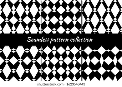 Rhombuses, diamonds, lozenges, tiles, kites seamless patterns collection. Folk prints. Ethnic ornaments set. Tribal wallpapers kit. Geometrical backgrounds. Retro motif. Abstract vectors bundle.