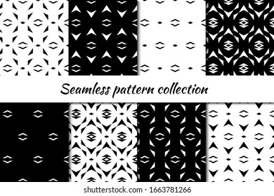 Rhombuses, diamonds, lozenges, triangles, chevrons seamless patterns collection. Folk prints. Ethnic ornaments set. Tribal wallpapers kit. Geometrical abstract backgrounds. Retro motif. Vectors bundle