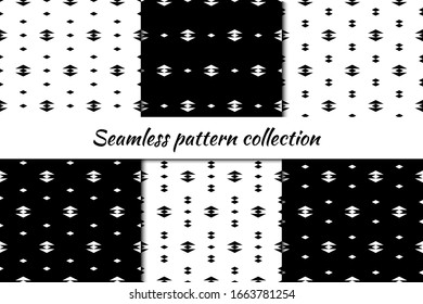 Rhombuses, diamonds, lozenges, triangles seamless patterns collection. Folk prints. Ethnic ornaments set. Tribal wallpapers kit. Geometrical backgrounds. Retro motif. Vector images. Abstracts bundle.