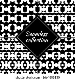 Rhombuses, diamonds, lozenges, triangles seamless patterns collection. Folk prints. Ethnic ornaments set. Tribal wallpapers kit. Geometrical backgrounds. Retro motif. Abstract images. Vectors bundle.
