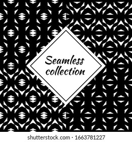 Rhombuses, diamonds, lozenges, triangles, shapes seamless patterns collection. Folk prints. Ethnic ornaments set. Tribal wallpapers kit. Geometrical abstract backgrounds. Retro motif. Vectors bundle.