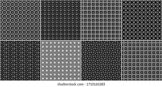 Rhombuses, diamonds, tiles, checks, squares, triangles, ovals seamless patterns collection. Geometrical ethnic ornaments set. Tribal backgrounds kit. Folk prints. Ethnical motif. Abstract vectors.