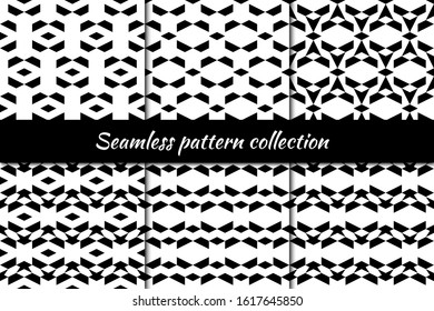 Rhombuses, figures seamless patterns collection. Diamond, shapes ornaments set. Folk backgrounds. Lozenges, forms backdrops kit. Ethnic motif. Digital paper, textile print, abstract. Vectors bundle.