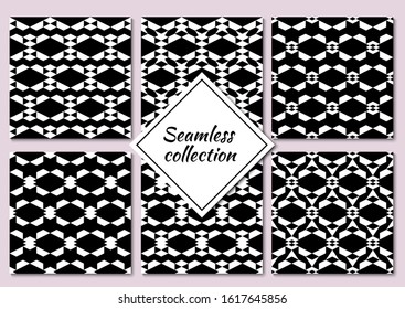 Rhombuses, figures seamless patterns collection. Ethnic motif. Lozenges, forms backdrops kit. Diamond, shapes ornaments set. Folk backgrounds. Digital paper, textile print, abstract. Vectors bundle.