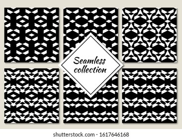 Rhombuses, figures seamless patterns collection. Lozenges, forms backdrops kit. Diamond, shapes ornaments set. Folk backgrounds. Ethnic motif. Digital paper, textile print, abstract. Vectors bundle.