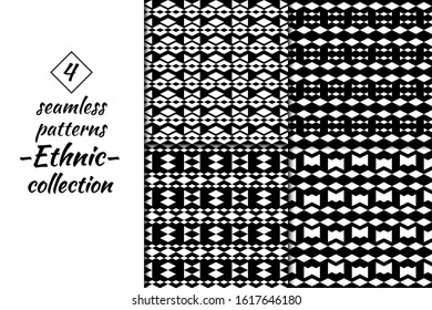 Rhombuses, figures seamless patterns collection. Folk backdrops. Lozenges, forms backgrounds kit. Ethnic motif. Diamond, shapes ornaments set. Digital paper, textile print, abstract. Vectors bundle.