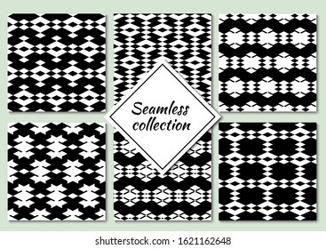 Rhombuses, figures seamless patterns collection. Diamond, forms ornaments set. Lozenges, shapes backdrops kit. Folk backgrounds. Ethnic motif. Digital paper, textile print, abstract. Vectors bundle.