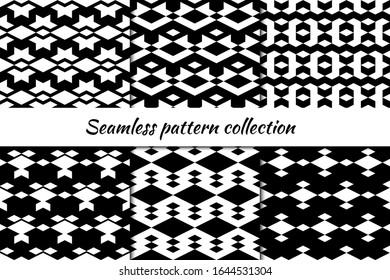 Rhombuses, figures seamless patterns collection. Lozenges, shapes backdrops kit. Diamond, forms ornaments set. Folk backgrounds. Ethnic motif. Digital paper, textile print, abstract. Vectors bundle.