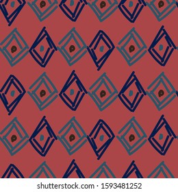 Rhombuses hand drawn abstract irregular shapes seamless pattern. Blue brown repeat background for wrap, textile and print design. Earthy colors texture objects.