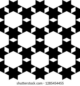 Rhombuses, hexagons, stars ornament. Geometrical backdrop. Quadrangular, hexagonal, star shapes wallpaper. Geometric background. Polygons motif. Digital paper, abstract. Seamless pattern.