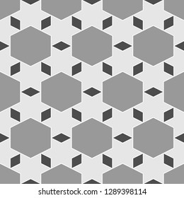 Rhombuses, hexagons, stars ornament. Geometrical backdrop. Quadrangular, hexagonal, star shapes wallpaper. Geometric background. Polygons motif. Digital paper, abstract. Seamless pattern.