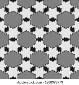 Rhombuses, hexagons, stars ornament.Digital paper, abstract. Geometric background. Polygons motif. Geometrical backdrop. Quadrangular, hexagonal, star shapes wallpaper. Seamless pattern.