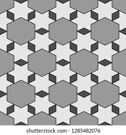 Rhombuses, hexagons, stars ornament.Polygons motif. Geometrical backdrop. Quadrangular, hexagonal, star shapes wallpaper. Geometric background. Digital paper, abstract. Seamless pattern