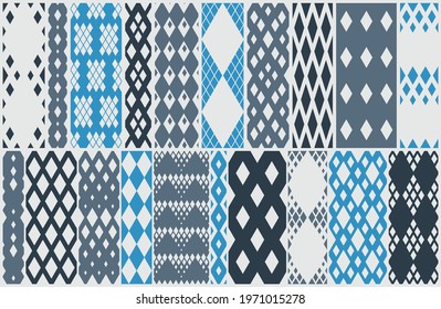 Rhombuses seamless geometric vector pattern set, rhomb simple black and white wallpaper background, regular tile design picture collection.