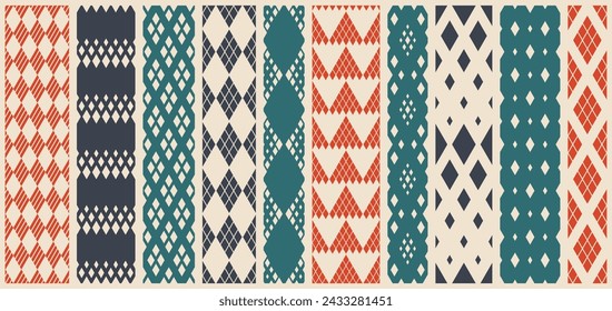 Rhombuses seamless geometric vector pattern set, rhomb simple black and white wallpaper background, regular tile design picture collection.