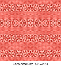 Rhombuses and semicircles surface pattern design. Seamless symmetric shapes abstract. Geometric red figures on yellow background. Striped wallpaper. Digital paper for web design. Vector illustration