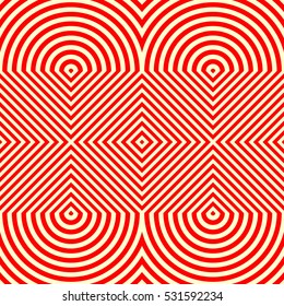 Rhombuses and semicircles surface pattern design. Seamless symmetric shapes abstract. Geometric red figures on yellow background. Striped wallpaper. Digital paper for web design. Vector illustration