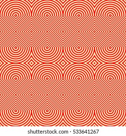 Rhombuses and semicircles surface pattern design. Seamless symmetric shapes abstract. Geometric red figures on yellow background. Striped wallpaper. Digital paper for web design. Vector illustration