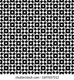 Rhombuses, triangles, squares seamless pattern. Checks, diamonds, triangular shapes ornate. Folk wallpaper. Geometric background. Tribal motif. Ethnic ornament. Textile print, abstract. Vector art