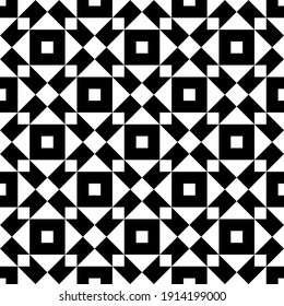 Rhombuses, triangles, squares seamless pattern. Checks, diamonds, triangular shapes ornate. Folk wallpaper. Geometric background. Tribal motif. Ethnic ornament. Textile print, abstract. Vector art.