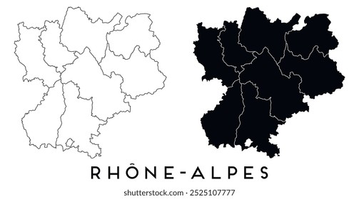 Mapa de Rhone Alpes de regiões distritos vetor preto em branco e contorno