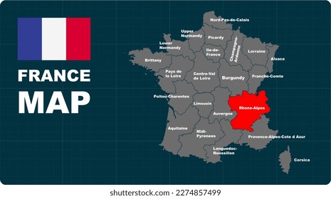 Rhone-Alpes Map, Rhone-Alpes red highlighted in 🇫🇷 FANCE 🇫🇷 map, flat design illustration vector