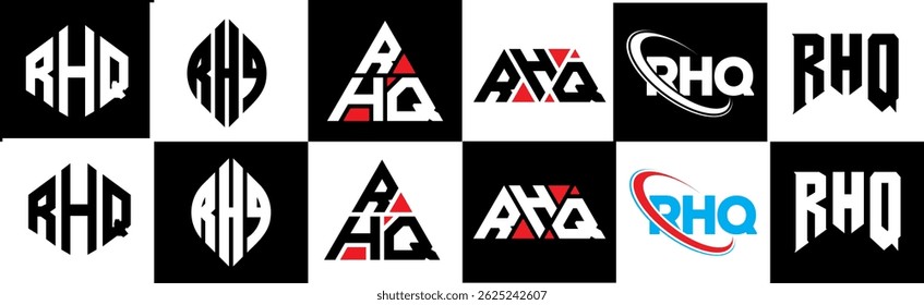 RHQ letter logo design in six style. RHQ polygon, circle, triangle, hexagon, flat and simple style with black and white color variation letter logo set in one artboard. RHQ minimalist and classic logo