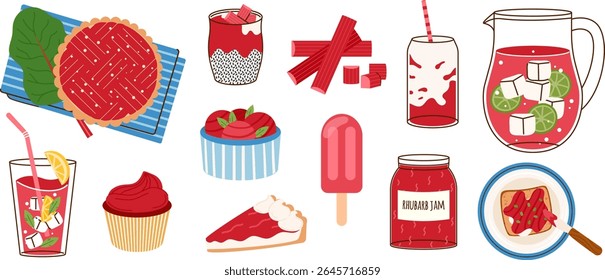 Rhubarb cooking desserts, drinks, and food, cartoon vector illustration set. Assorted sweet and sour rhubarb fruit pies, tarts, juices, homemade jam. Summer refreshing beverages, natural healthy snack