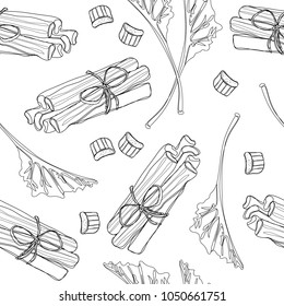 Rhubarb hand drawn pattern. leaves, bunches cut and whole with strawberries composition. Vector illustration isolated on white background. Continuous line drawing.