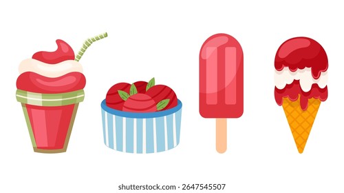 Rhubarb ice cream desserts, cartoon vector illustration set. Assorted frozen sweet and sour milkshake, sorbet, scoops, cone, popsicle. Summer healthy refreshment food