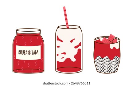 Engarrafamento de ruibarbo, pudim de chia, sobremesa de milkshake, bebida, conjunto de ilustração vetorial. Diversos alimentos doces e azedos de ruibarbo. Lanche saudável natural