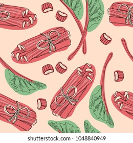 Rhubarb pattern. Hand drawn leaves, bunches cut and whole with strawberries composition. Vector illustration. Good for backdrop, textile, wrapping paper, wall posters. Continuous line drawing.