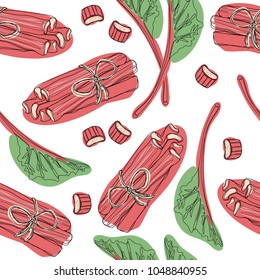 Rhubarb pattern. leaves, bunches cut and whole with strawberries composition. Vector illustration isolated on white background. Continuous line drawing.