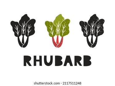 Rhubarb, silhouette icons set with lettering. Imitation of stamp, print with scuffs. Simple black shape and color vector illustration. Hand drawn isolated elements on white background