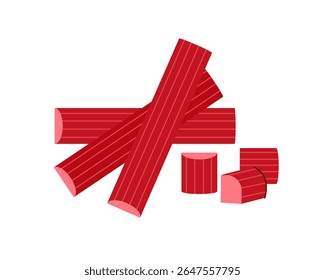 Rhubarb stalks vector illustration. Fresh red stems, whole and cut pieces. Natural organic vegetable. Healthy food ingredient for baking, desserts
