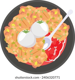 crumble de ruibarbo y fresa, servido con el concepto de helado, crujiente de manzana con diseño de icono portador de cuchara, delicioso símbolo de comida, auténtico cartel de platos locales, ilustración de comida nacional