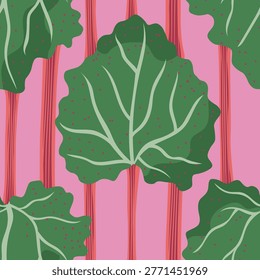 Rhubarb vector seamless pattern illustration. Large green leaves and red stalks on pink background. Botanical vegetable repeat print for textile, wallpaper, wrapping, kitchen decor in flat style