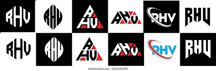 RHV letter logo design in six style. RHV polygon, circle, triangle, hexagon, flat and simple style with black and white color variation letter logo set in one artboard. RHV minimalist and classic logo
