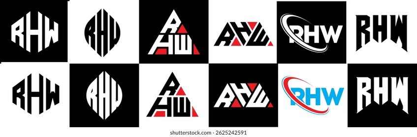 RHW letter logo design in six style. RHW polygon, circle, triangle, hexagon, flat and simple style with black and white color variation letter logo set in one artboard. RHW minimalist and classic logo