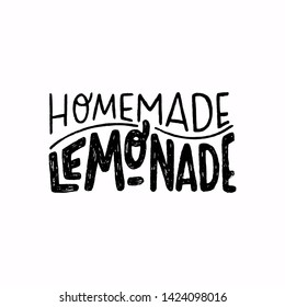 Rhymed lettering inscription Homemade Lemonade. Hand drawn phrase about craft cooling drink. Rough texture ink text for print, sing, banner, apparel, poster, t shirt, cup, tumbler, mug. Vector